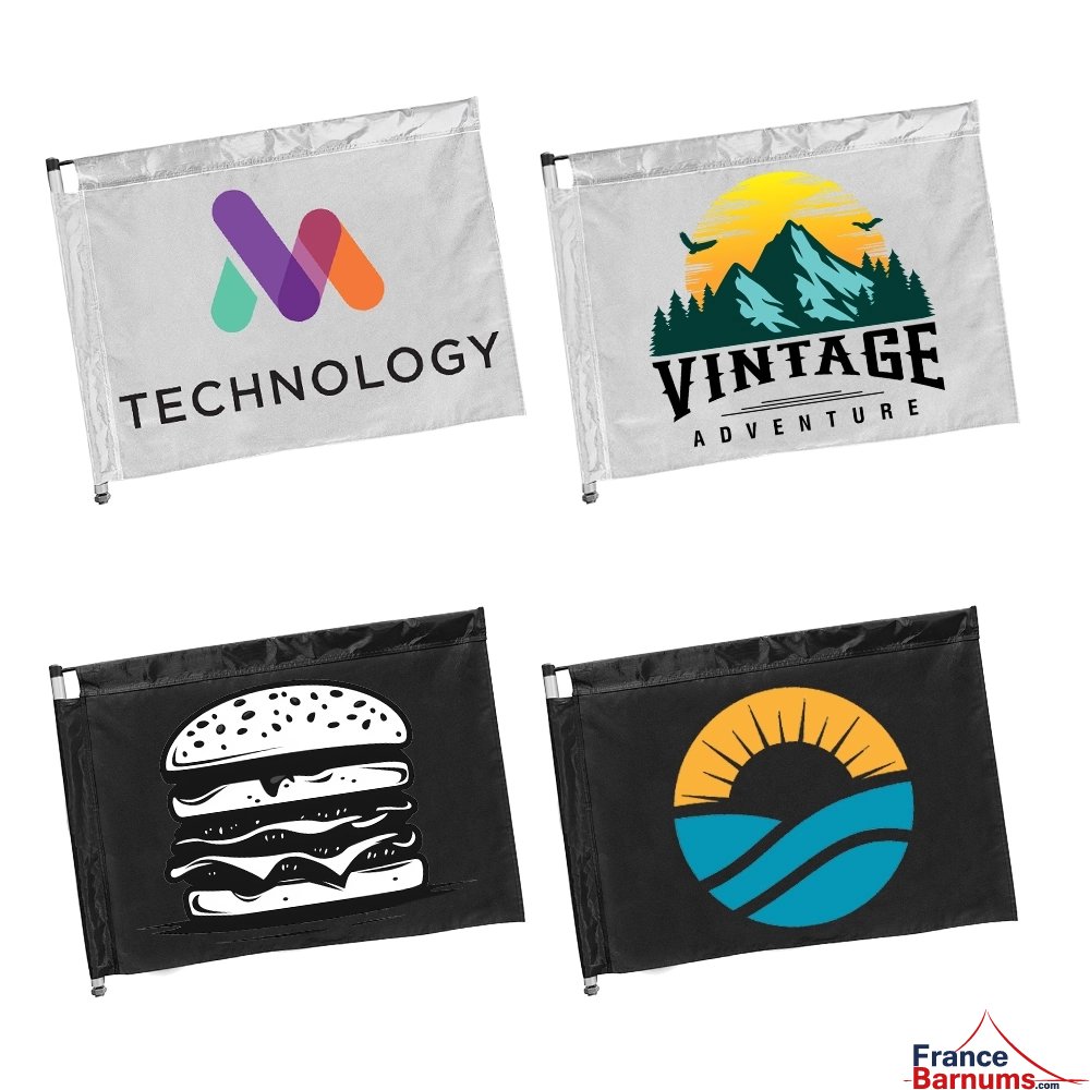 Différents exemples d'impression du drapeau personnalisable Recto/Verso - Barnum de la gamme ALU PRO 55 AUVENT
