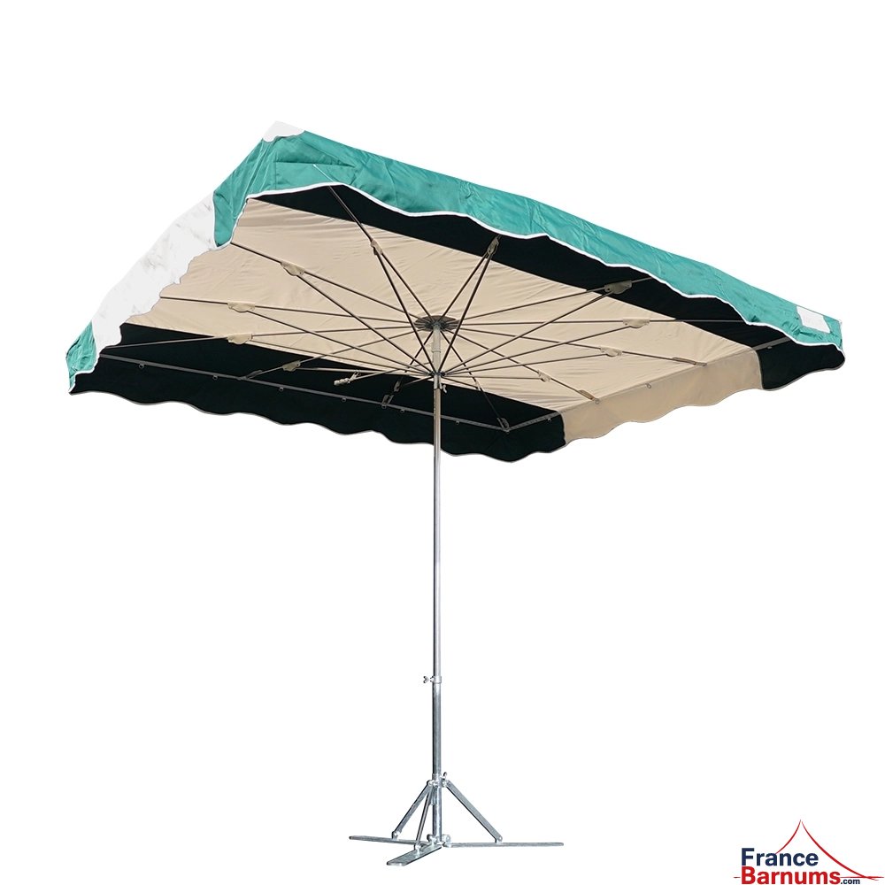 Parasol de marché télescopique 2,5mx3m VERT et BEIGE avec pied lourd