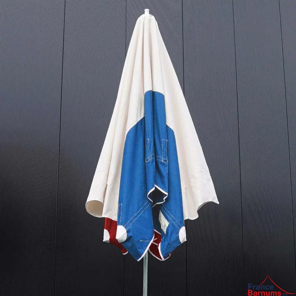 Parasol forain télescopique 250x300cm BLEU BEIGE ROUGE plié