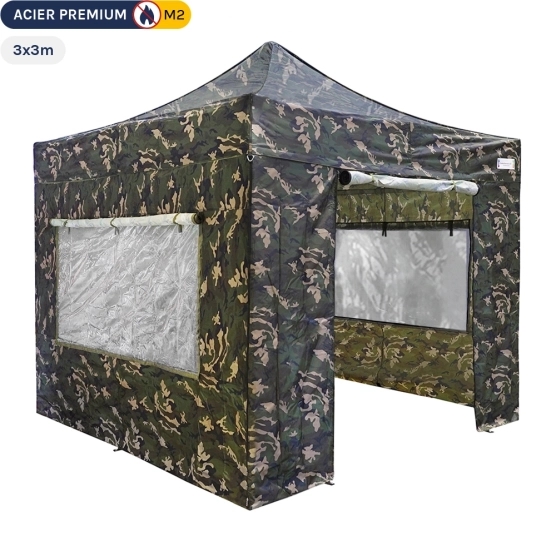 Abri de chasse pliant - Tente Pliante - Stand Acier Premium M2 3x3m BLANC + Pack Fenêtres 380gr/m²