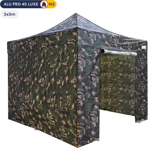 Poste d'affût de chasse - Tente pliante Alu Pro 45 LUXE M2 3mx3m CAMOUFLAGE + Pack Côtés 380gr/m² ignifugé norme M2