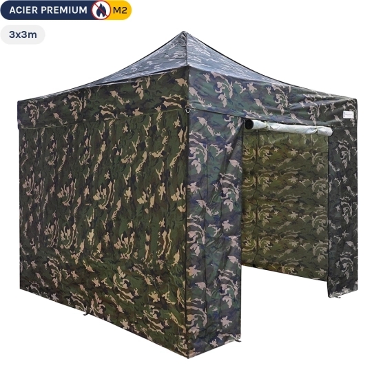 Tente de chasse pliante - Stand Acier Premium M2 3x3m BLANC + Pack côté 380gr/m²
