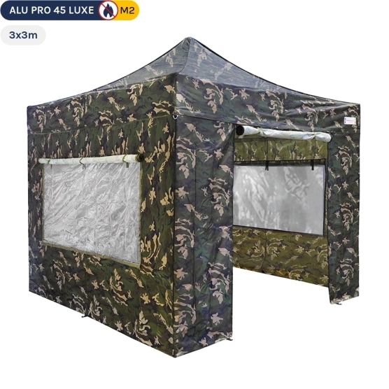 Hutteau Camouflage - Tente pliante CAMOUFLAGE en alu 3x3m + Pack 4 murs avec 2 fenêtres moustiquaires