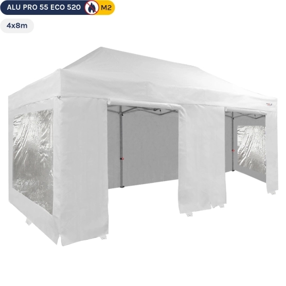 Tente Pliante Alu Pro 55 ECO 520 M2 4mx8m BLANC + Pack Fenêtres 520gr/m²