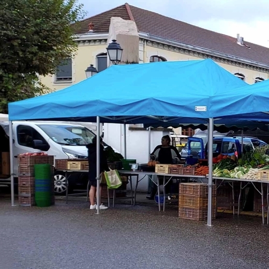 Photo d'un barnum pliant 3x6 bleu ciel de la gamme Alu Pro 55 Luxe lors d'un marché Photo d'un barnum pliant 3x6 bleu ciel de la gamme Alu Pro 55 Luxe lors d'un marché