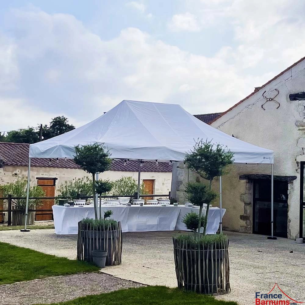 Photo d'un barnum pliant 4x6 blanc de la gamme Alu Pro 55 Luxe lors d'une réception