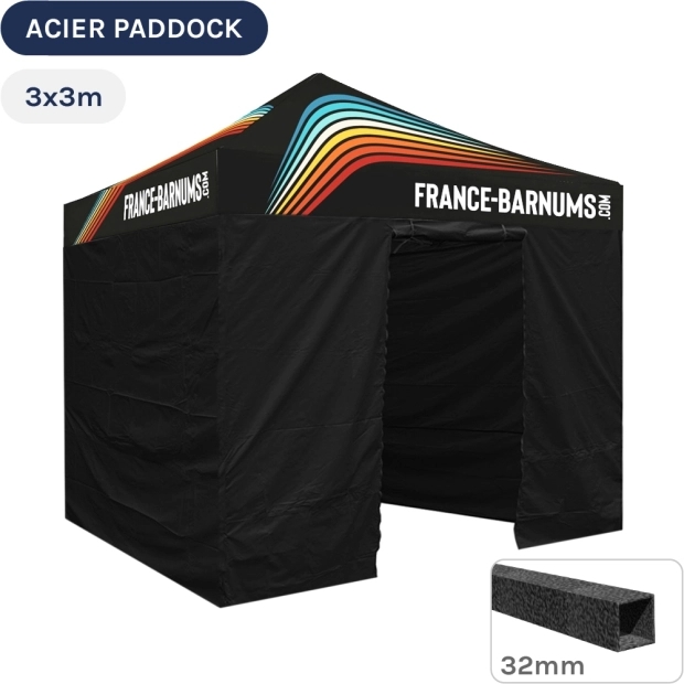 Barnum Pliant - Tente Acier Paddock 3mx3m IMPRIMEE FRANCE-BARNUMS avec porte - Pack 4 cloisons
