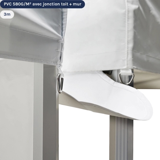 Gouttière en PVC 580gr/m² de 3m avec double jonction toit et mur pour tente pliante à fixer par bandes de velcro