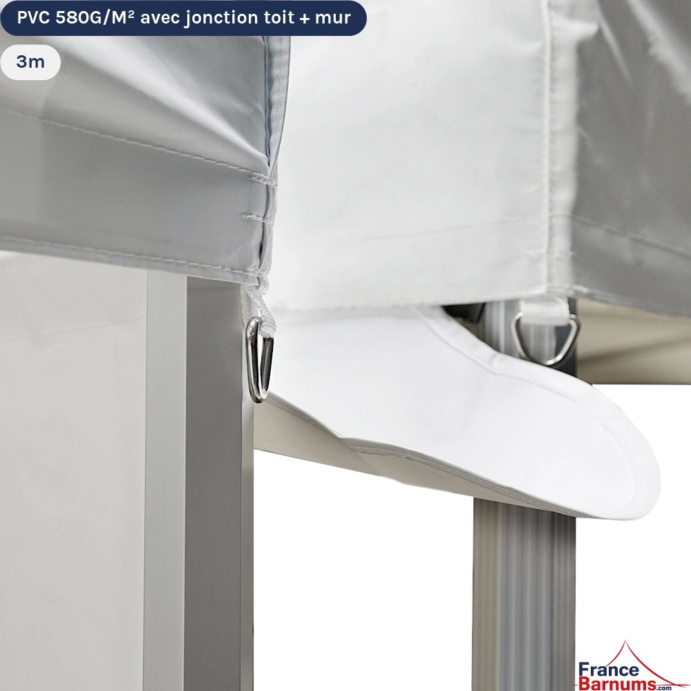 Gouttière en PVC 580gr/m² de 3m avec double jonction toit et mur pour tente pliante à fixer par bandes de velcro
