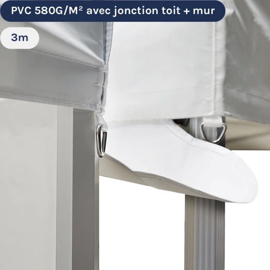 Gouttière en PVC 580gr/m² de 3m avec double jonction toit et mur pour tente pliante à fixer par bandes de velcro