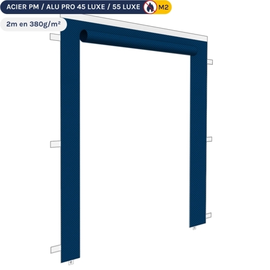 Mur 2m bleu avec porte enroulable pour barnum pliant en 380g/m² Norme M2