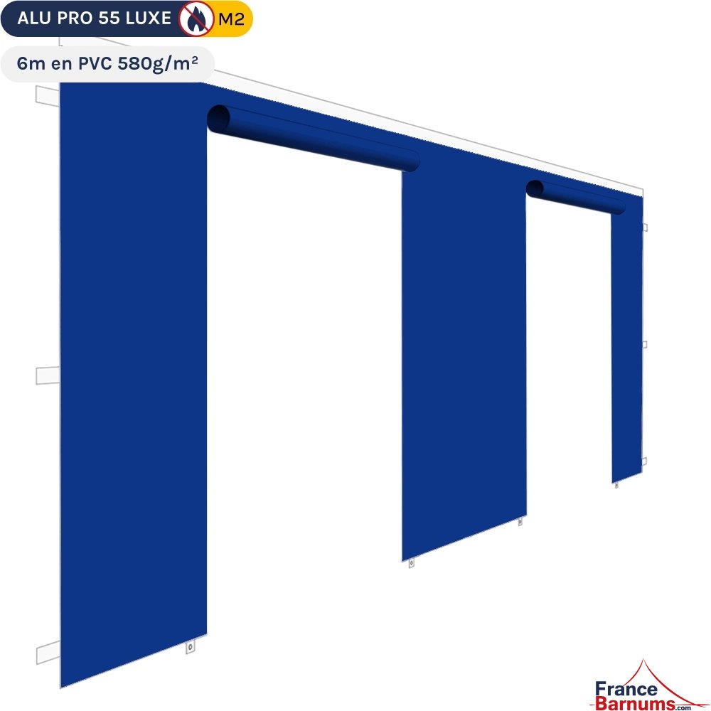 Mur 6m bleu avec porte enroulable pour barnum pliant en PVC 580g/m² Norme M2 Mur 6m bleu avec porte enroulable pour barnum pliant en PVC 580g/m² Norme M2