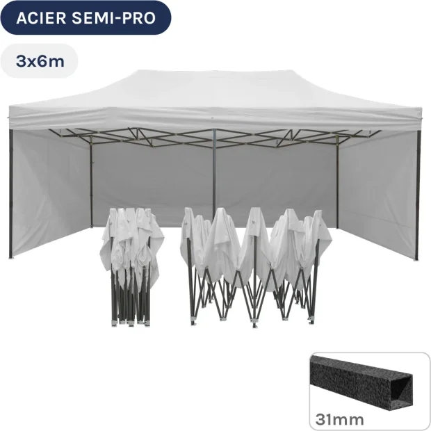 Barnum pliant - Acier Semi Pro 3mx6m BLANC Pack 4 Côtés - Polyester 320g/m²