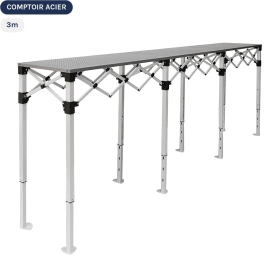 Table Comptoir Pliante 3m en acier avec Plateau ajouré de 40cm