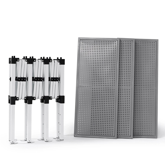 comptoir présentoir à pieds télescopiques et plateaux amovibles