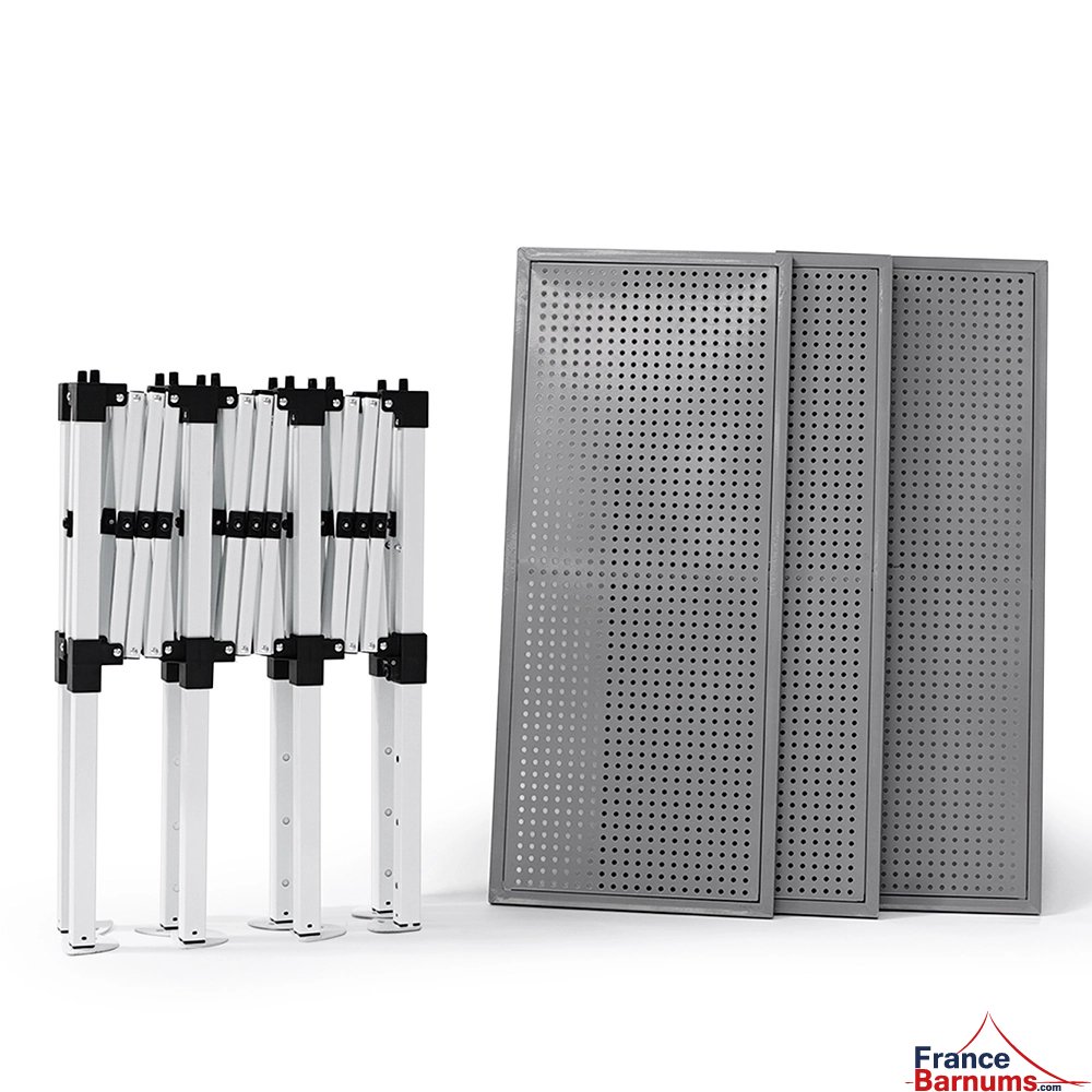 comptoir présentoir à pieds télescopiques et plateaux amovibles