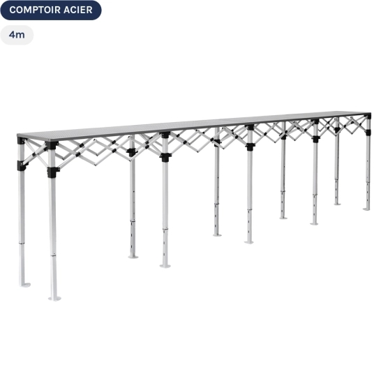 Table Comptoir Pliante 4m en acier avec Plateau ajouré de 40cm Table Comptoir Pliante 4m en acier avec Plateau ajouré de 40cm