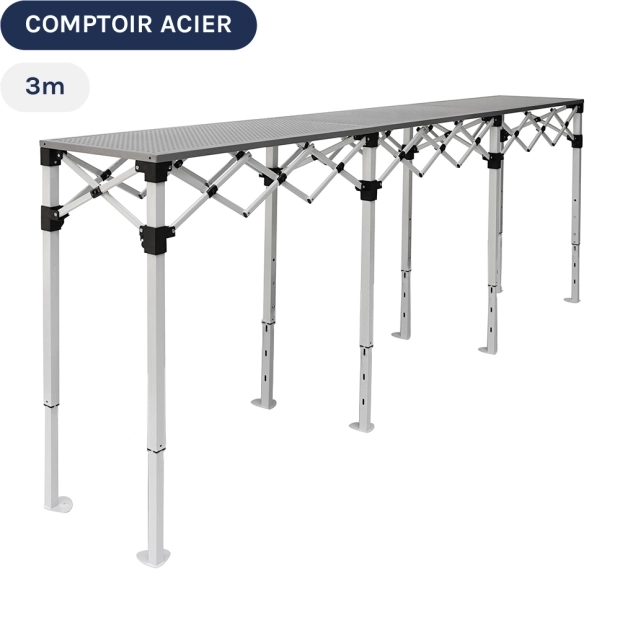 Table Comptoir Pliante acier 3m x 40cm - Plateaux ajourés