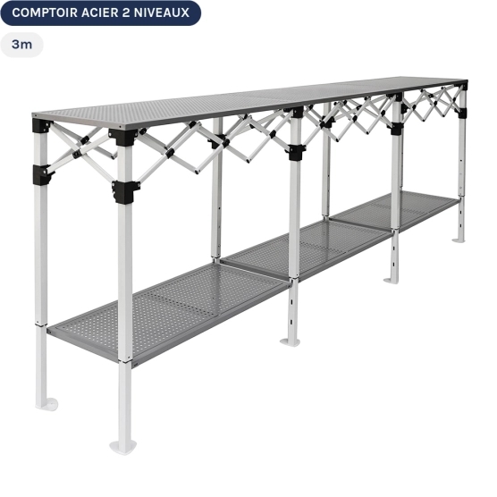 Table Comptoir Pliante 3m en acier avec Plateau ajouré de 40cm sur 2 niveaux