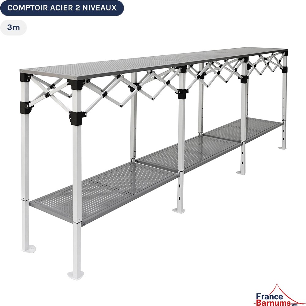 Table Comptoir Pliante 3m en acier avec Plateau ajouré de 40cm sur 2 niveaux