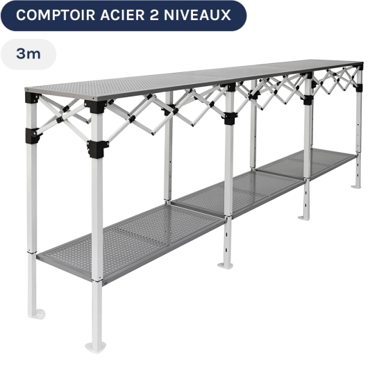 Table Comptoir Pliante 3m en acier avec Plateau ajouré de 40cm sur 2 niveaux