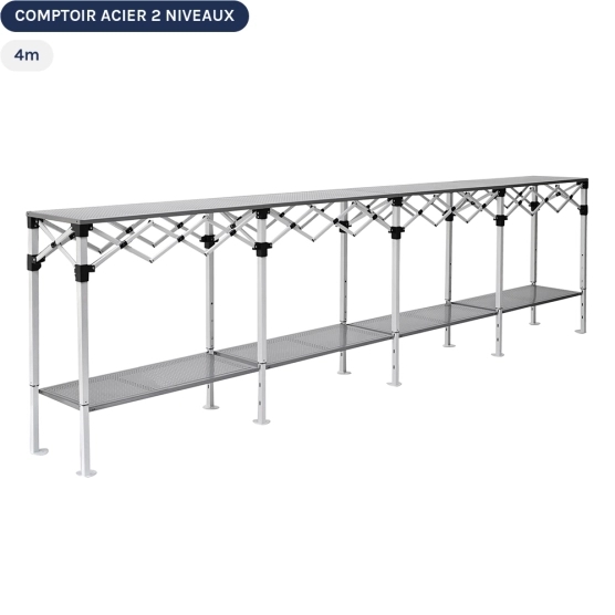 Table Comptoir Pliante 4m en acier avec Plateaux ajourés sur 2 niveaux de 40cm Table Comptoir Pliante 4m en acier avec Plateaux ajourés sur 2 niveaux de 40cm