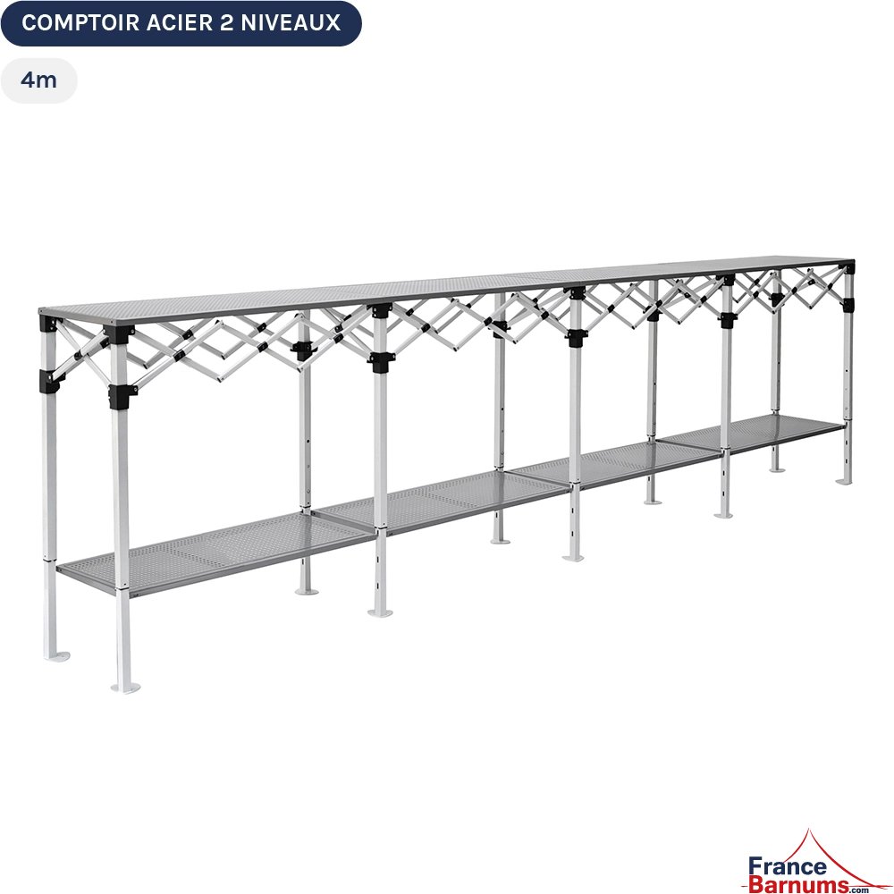 Table Comptoir Pliante 4m en acier avec Plateau ajouré sur 2 niveaux de 40cm