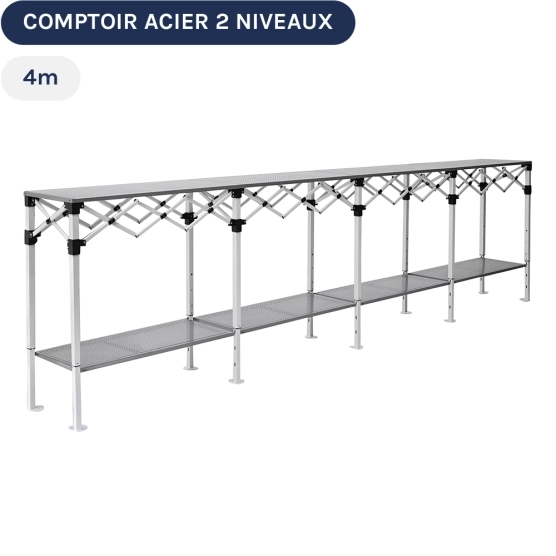 Table Comptoir Pliante 4m en acier avec Plateau ajouré sur 2 niveaux de 40cm