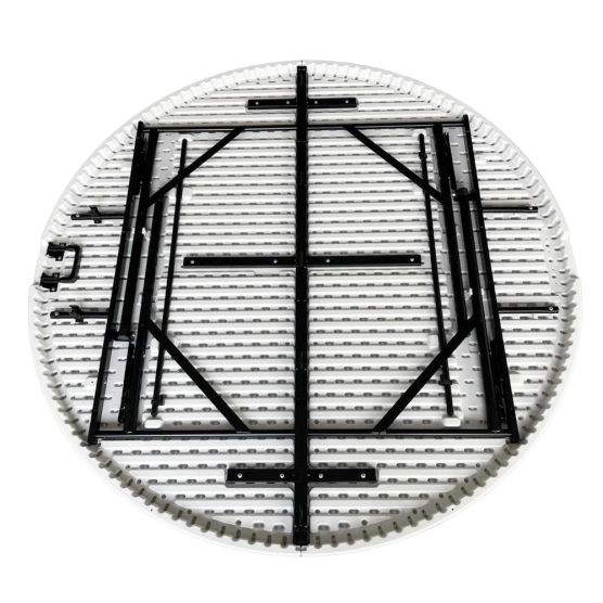 Table ronde blanche pliable en deux pour devenir une valise Table ronde blanche pliable en deux pour devenir une valise