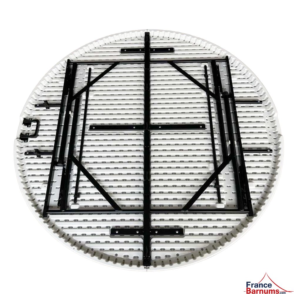 Table ronde blanche pliable en deux pour devenir une valise Table ronde blanche pliable en deux pour devenir une valise