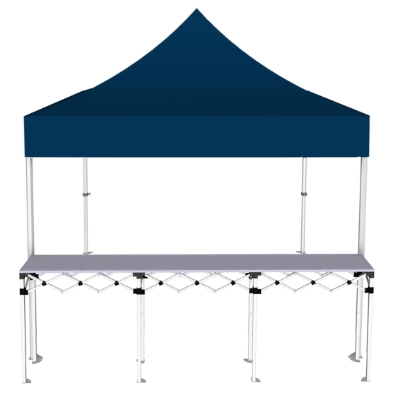 Stand buvette pliant Premium 3x3m - Bleu avec un comptoir - vue de face