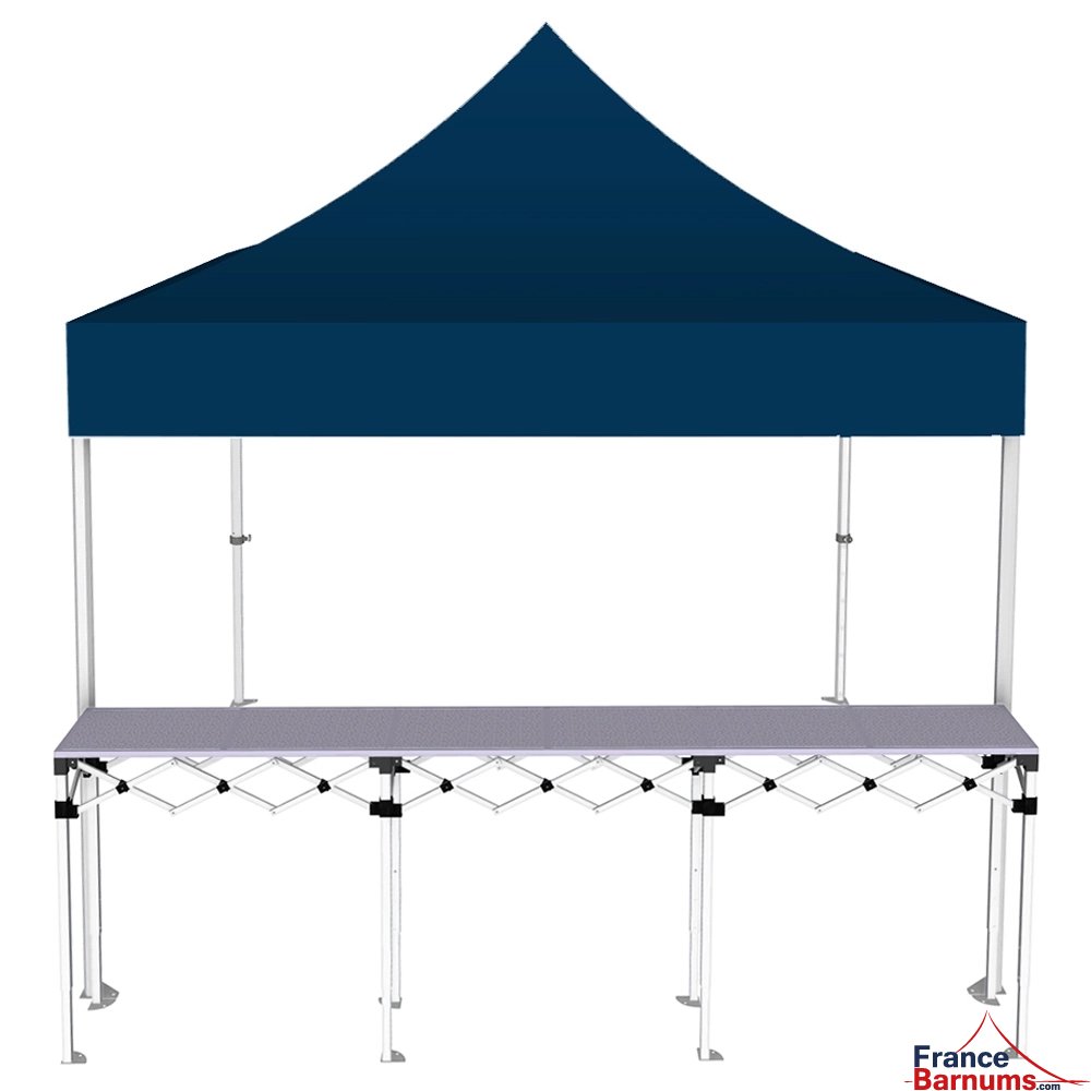 Stand buvette pliant Premium 3x3m - Bleu avec un comptoir - vue de face
