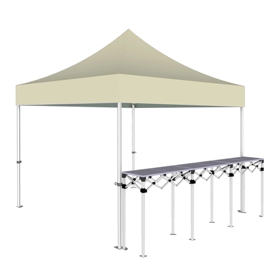 Stand buvette pliant Premium 3x3m - Beige avec un comptoir