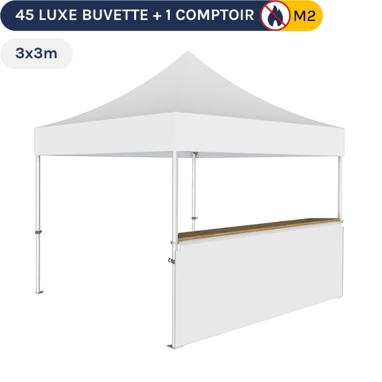 Stand buvette modulable pliant ALU PRO 45 LUXE 3x3m -Blanc avec un comptoir