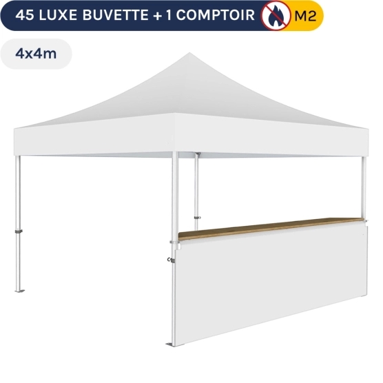 Stand buvette modulable pliant ALU PRO 45 LUXE 4x4m - Blanc avec un comptoir