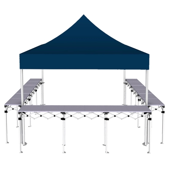 Stand buvette pliant Premium 3x3m - Bleu avec 3 comptoirs - vue de face