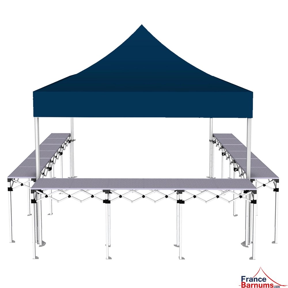 Stand buvette pliant Premium 3x3m - Bleu avec 3 comptoirs - vue de face