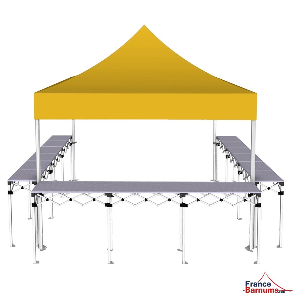 Stand buvette pliant Premium 3x3m - Jaune avec 3 comptoirs - vue de face