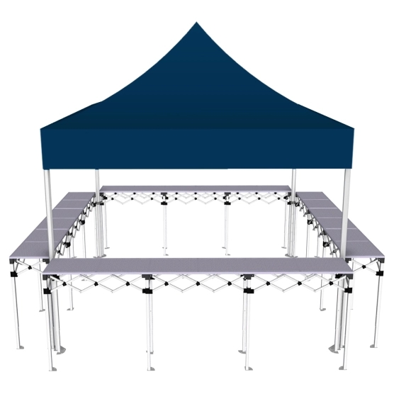 Stand buvette pliant Premium 3x3m - Bleu avec 4 comptoirs - vue de face