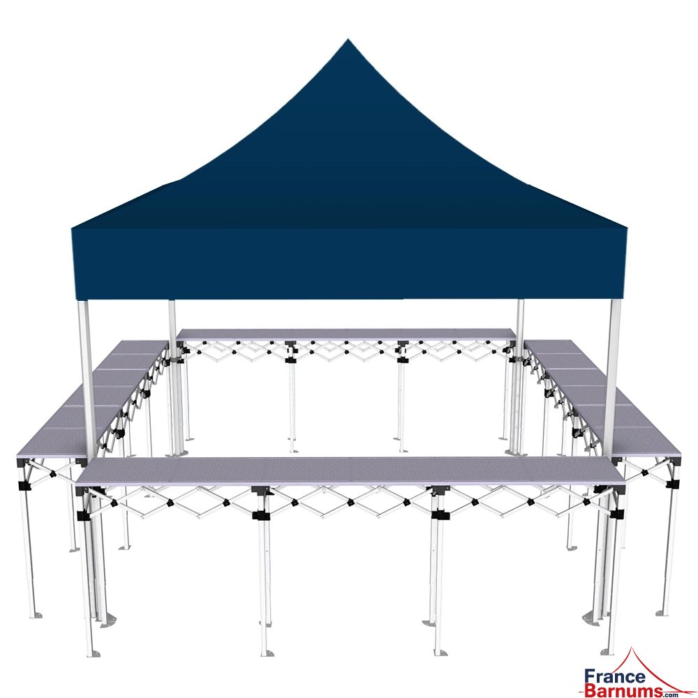 Stand buvette pliant Premium 3x3m - Bleu avec 4 comptoirs - vue de face