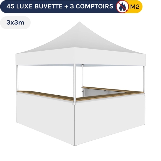 Stand buvette modulable pliant ALU PRO 45 LUXE 3x3m -Blanc avec 3 comptoirs