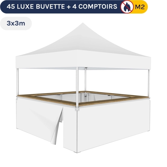 Stand buvette modulable pliant ALU PRO 45 LUXE 3x3m -Blanc avec 4 comptoirs