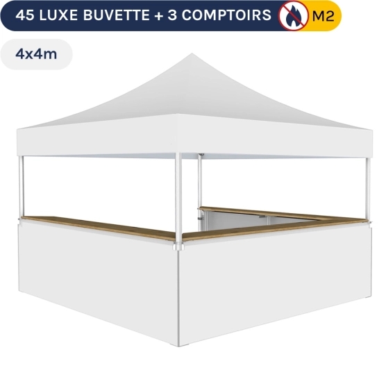 Stand buvette modulable pliant ALU PRO 45 LUXE 4x4m - Blanc avec 3 comptoirs