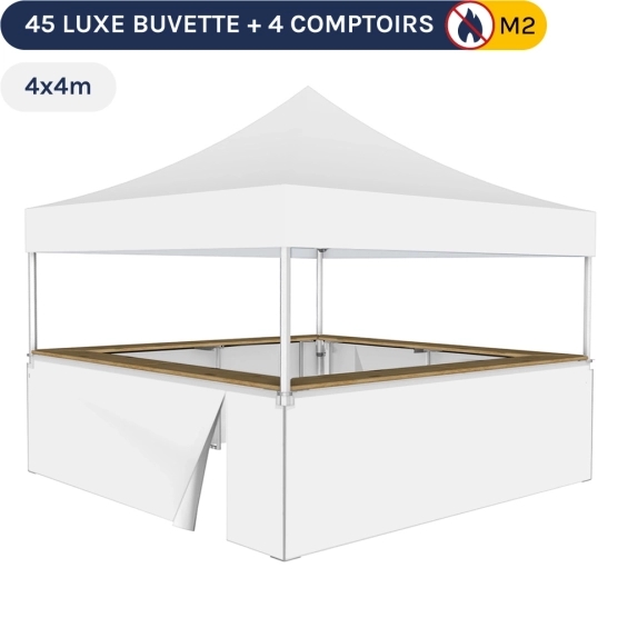 Stand buvette modulable pliant ALU PRO 45 LUXE 4x4m - Blanc avec 4 comptoirs