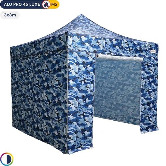 Poste d'affût de chasse - Tente pliante Alu Pro 45 LUXE M2 3mx3m CAMOUFLAGE BLEU + Pack Côtés 380gr/m² ignifugé norme M2