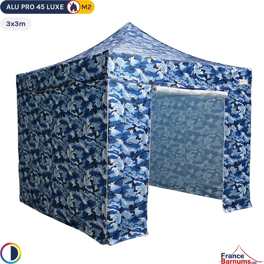 Poste d'affût de chasse - Tente pliante Alu Pro 45 LUXE M2 3mx3m CAMOUFLAGE BLEU + Pack Côtés 380gr/m² ignifugé norme M2