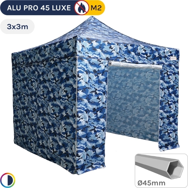 Barnum pliant - Tente pliante Alu Pro 45 LUXE M2 3mx3m CAMOUFLAGE BLEU + Pack Côtés 380gr/m²