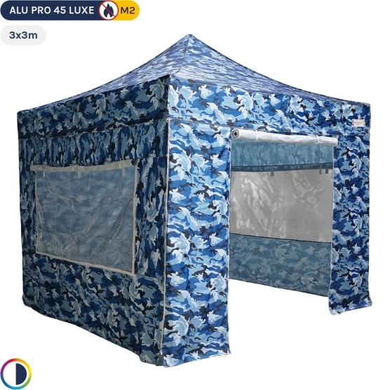 Hutteau Camouflage - Tente pliante CAMOUFLAGE BLEU en alu 3x3m + Pack 4 murs avec 2 fenêtres moustiquaires