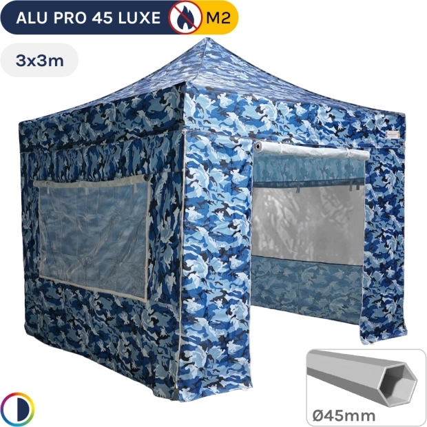 Barnum pliant - Tente pliante Alu Pro 45 LUXE M2 3mx3m CAMOUFLAGE BLEU + Pack Fenêtres moustiquaires 380gr/m²