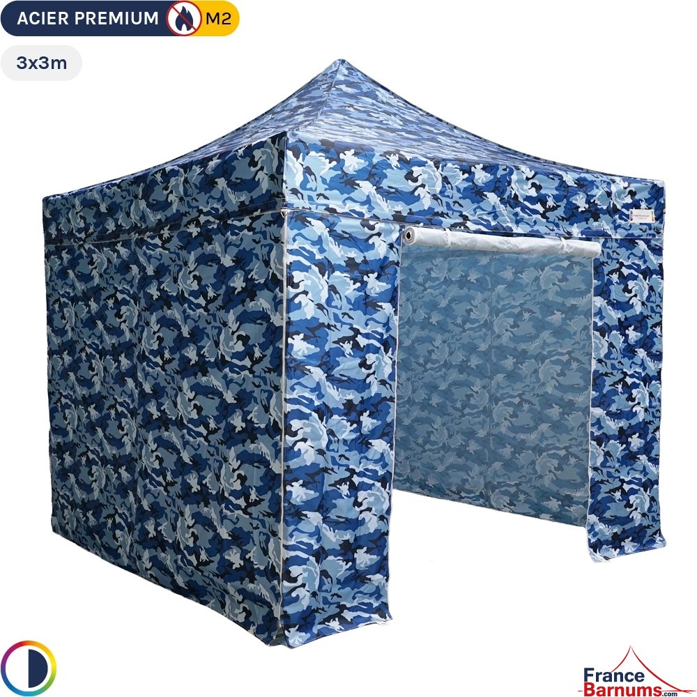 Tente de chasse pliante - Stand Acier Premium M2 3x3m CAMOUFLAGE BLEU + Pack côtés 380gr/m²